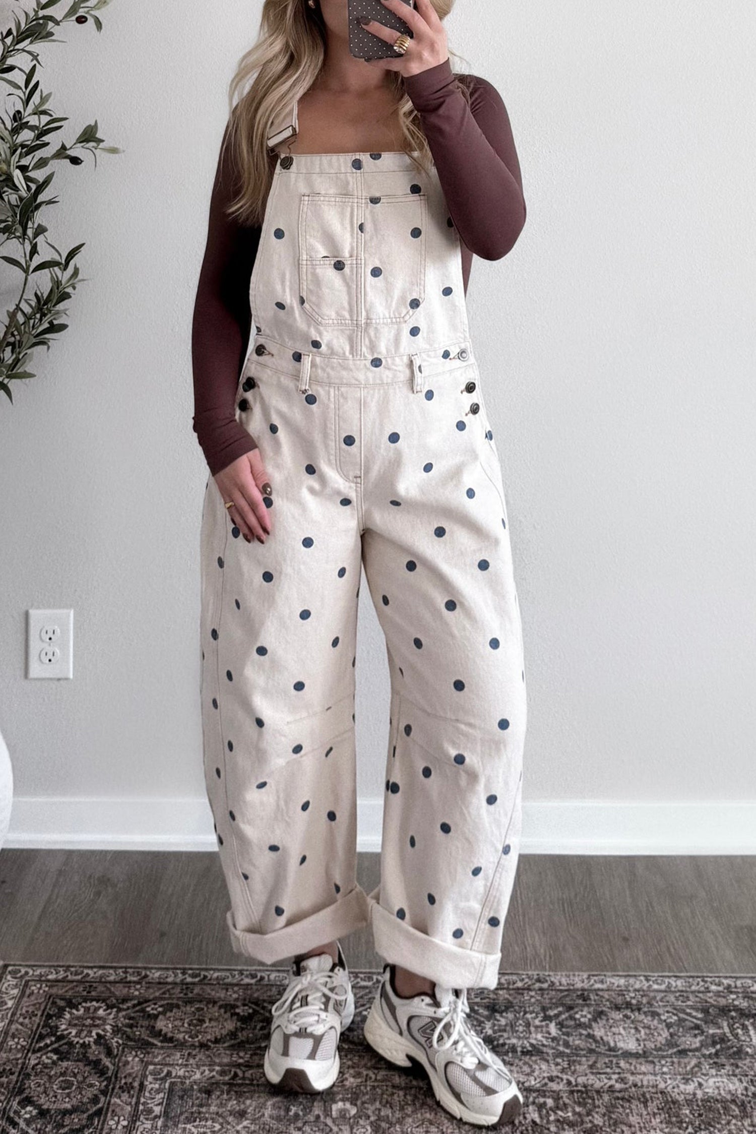 Polka Dot Print Bib Pocket Denim Barrel Dungarees Overalls