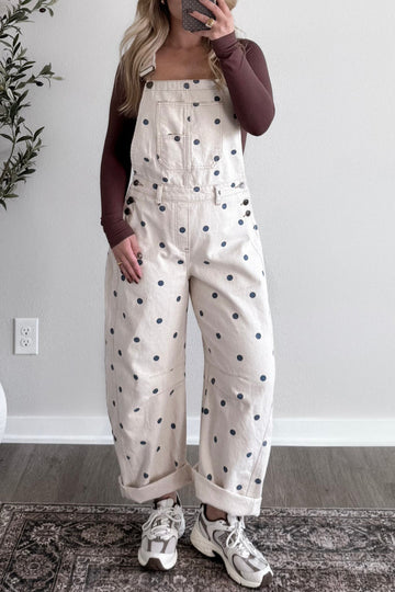 Polka Dot Print Bib Pocket Denim Barrel Dungarees Overalls