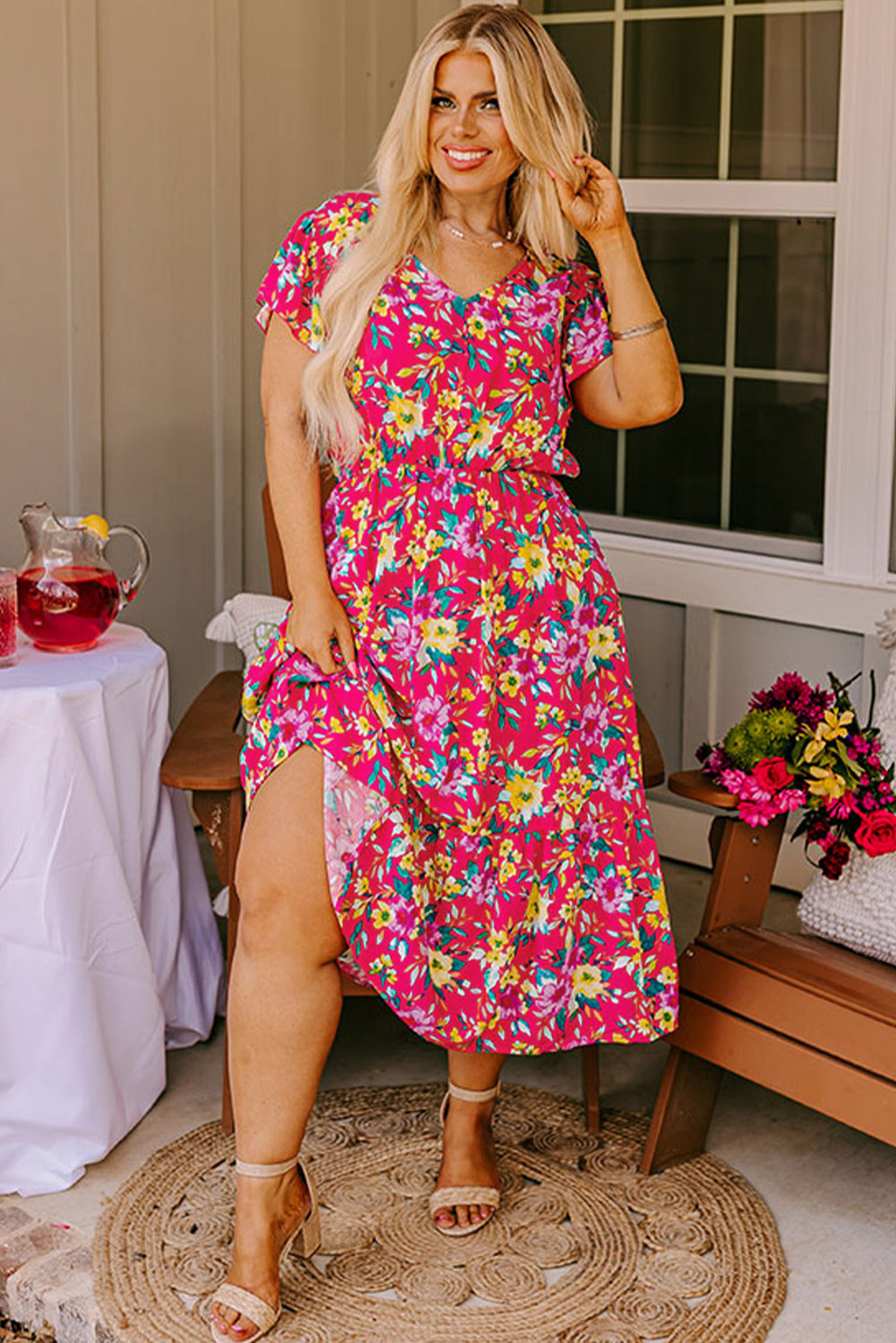 Pink Floral Print V Neck Pocketed High Waist Plus Size Midi Dress BB Fashion Outlet