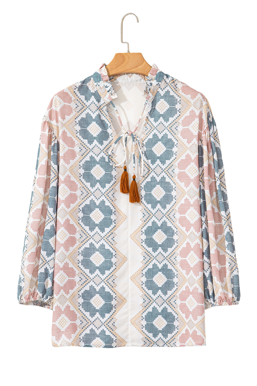 Khaki Geometric Print Tassel Tie Split Neck Balloon Sleeve Blouse eAura