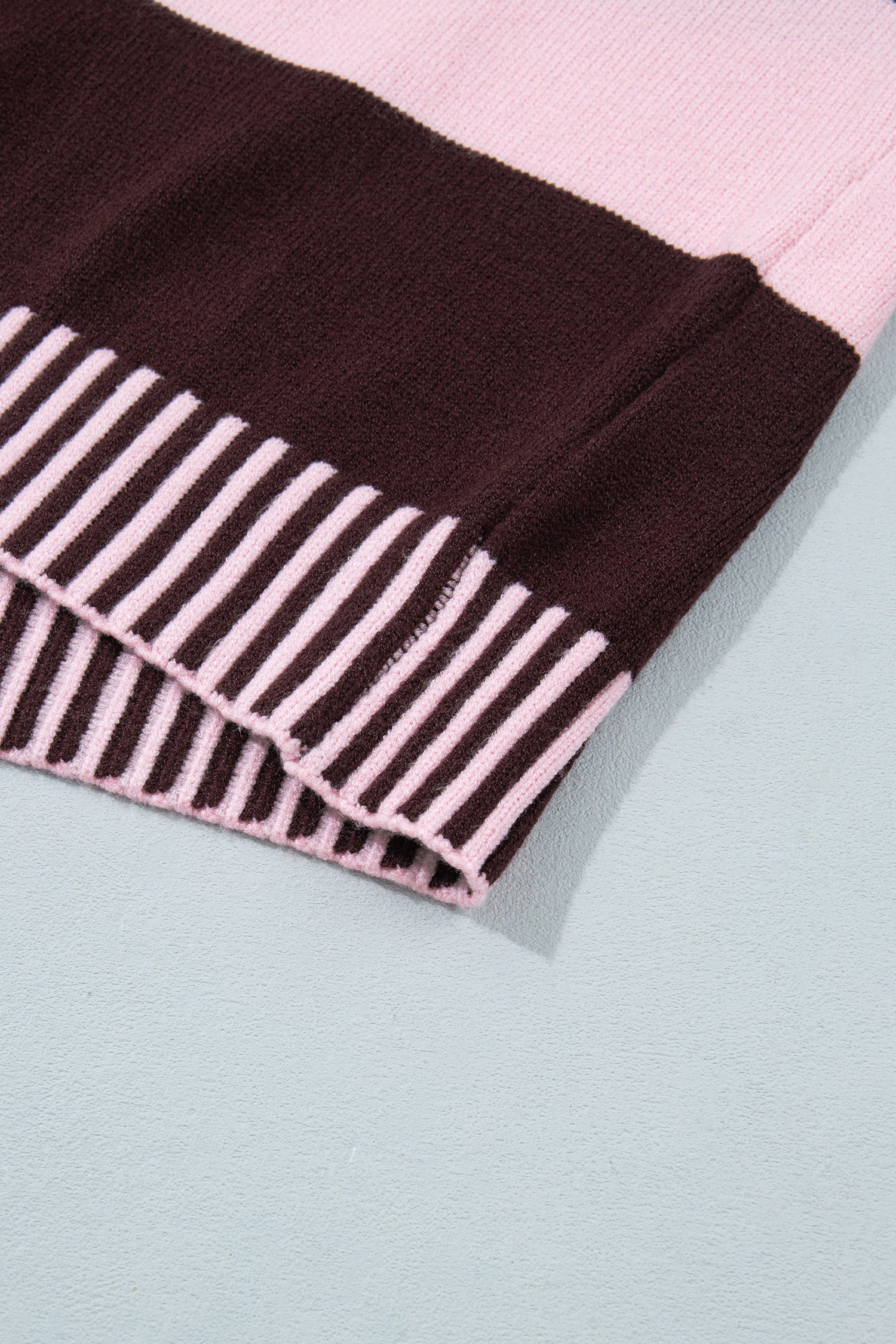 Contrast High Neck Dropped Shoulder Relaxed Pullover Sweater – Pink Stripe