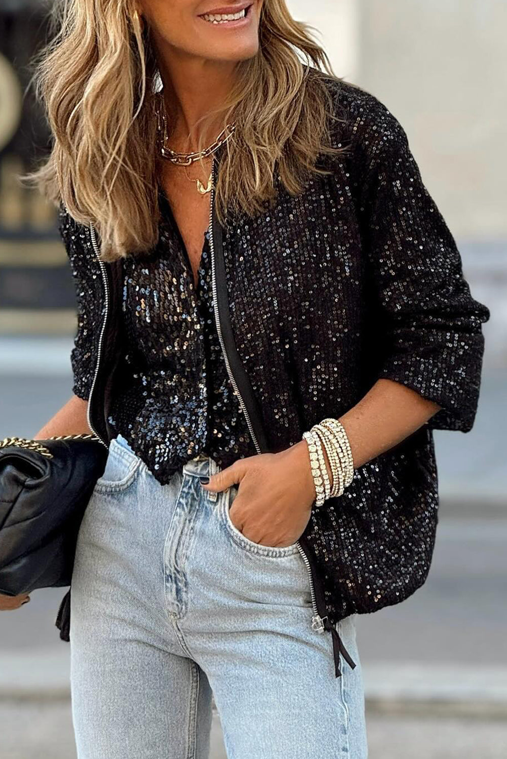 Apricot Sequin Zip up Round Neck Long Sleeve Jacket eAura