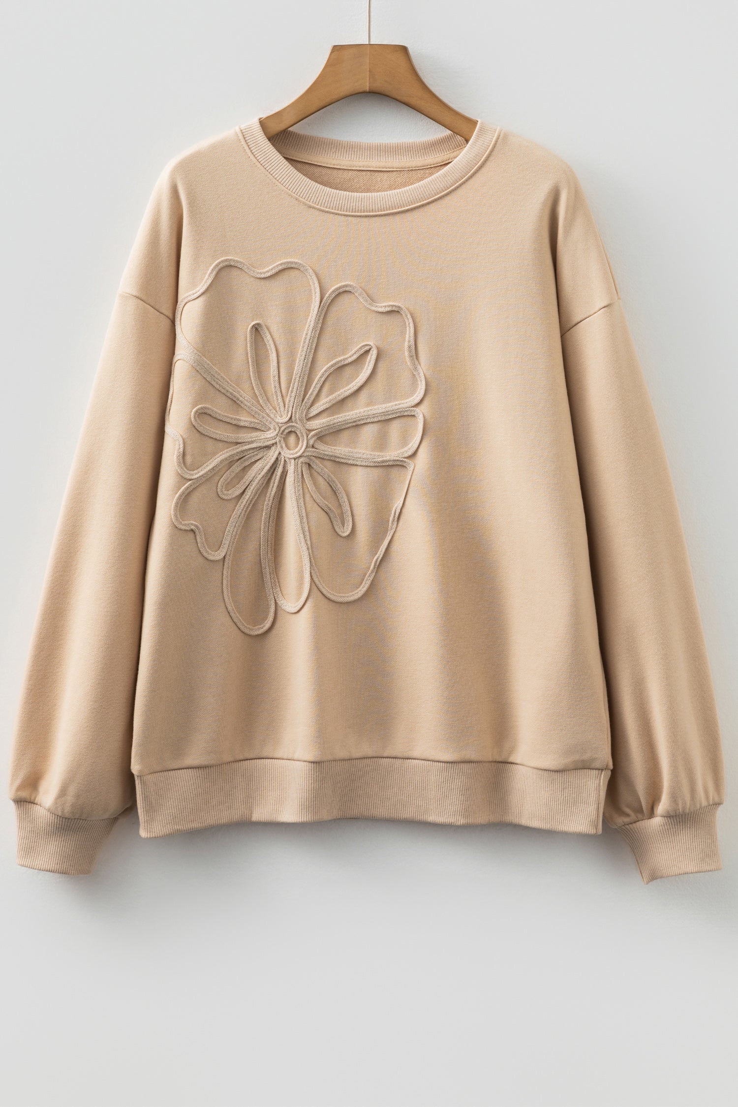 Embroidered Flower Pattern Drop Shoulder Sweatshirt - eAura