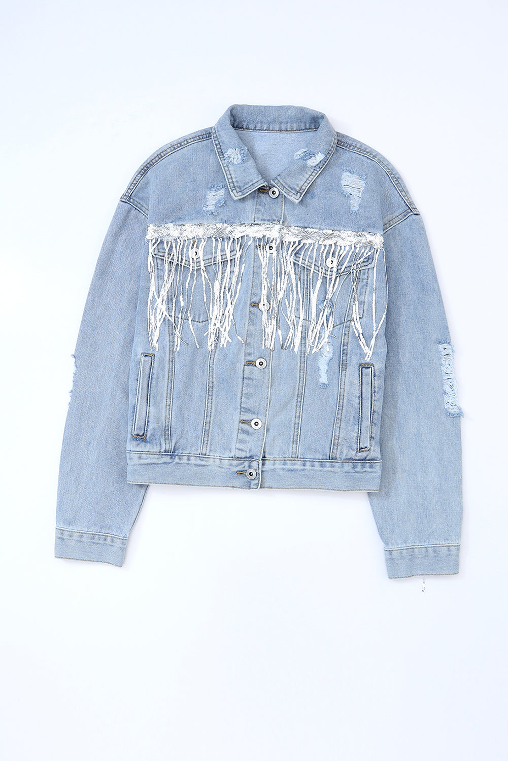 Sky Blue Sequin Embellished Fringe Distressed Denim Jacket Beagle Boutique Fashion Outlet