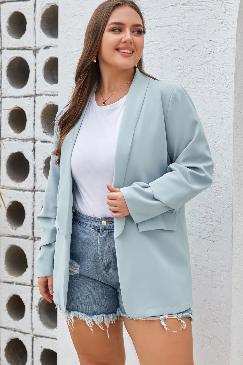 Sky Blue Plus Size Soft Lightweight Pocketed Lapel Blazer BB Fashion Outlet