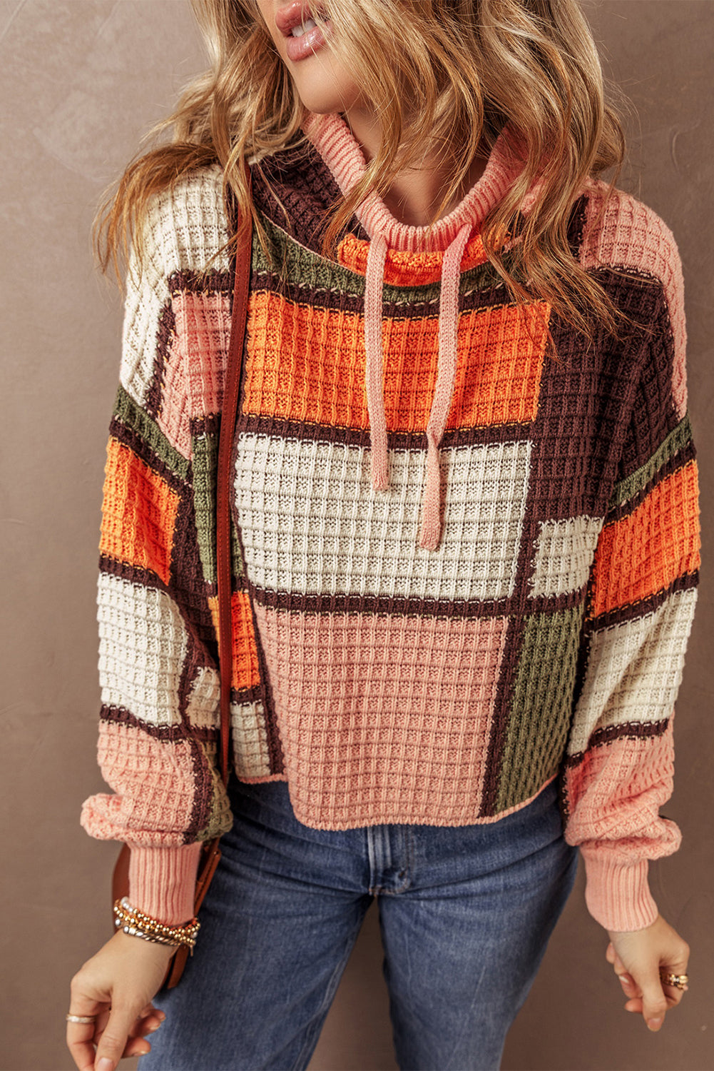 Orange Colour Block Waffle Knit Drawstring Mock Neck Sweater eAura
