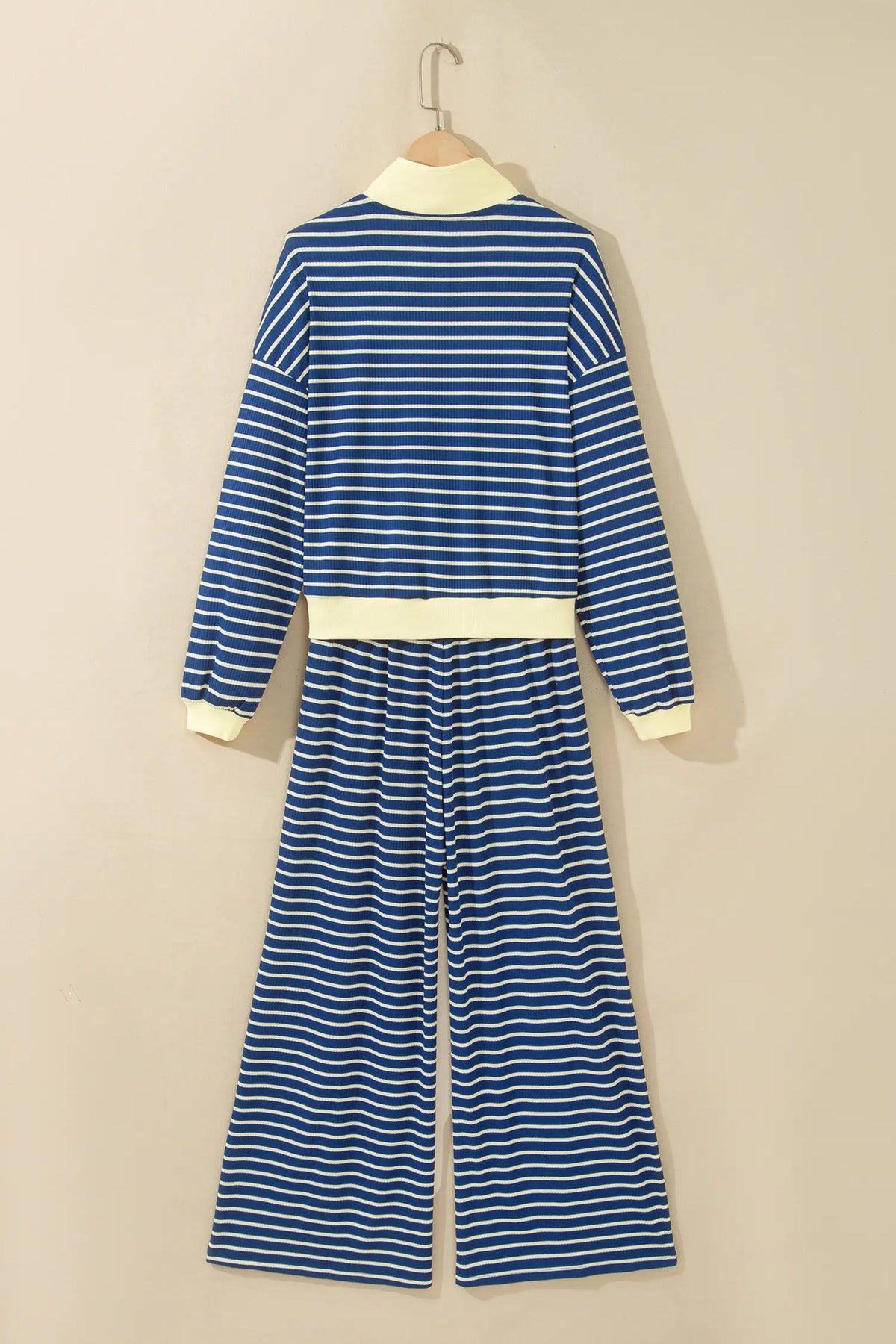 Colour Block Patchwork Zip V Neck Pullover Loose Pants 2pcs Set – Blue Stripe
