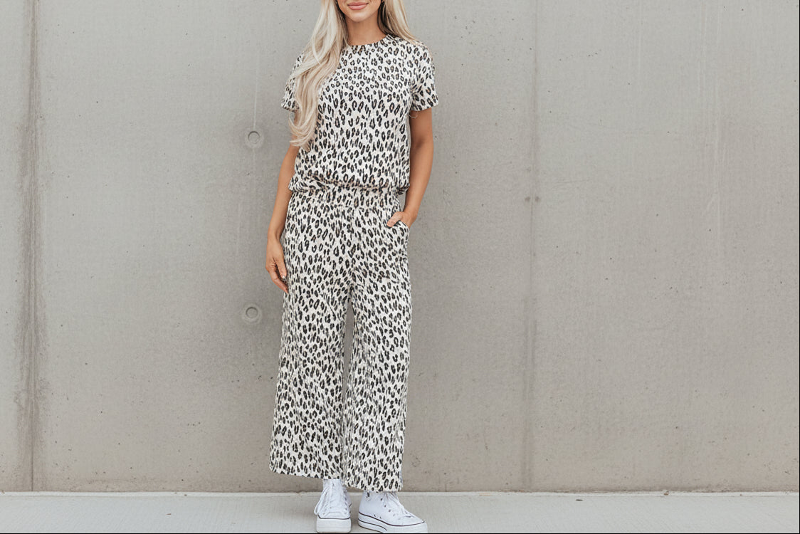 Leopard Print Casual Tee and Pants Co-ord Set