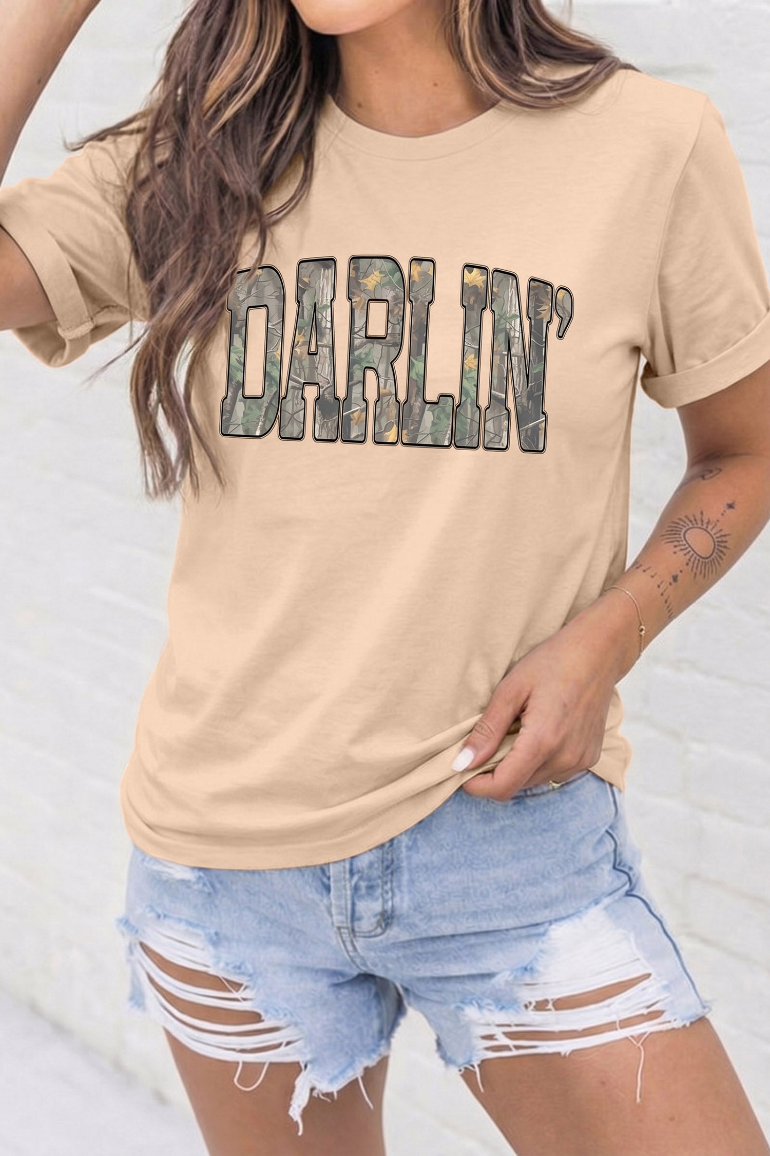DARLIN Camo Letter Print Crewneck T Shirt – Khaki