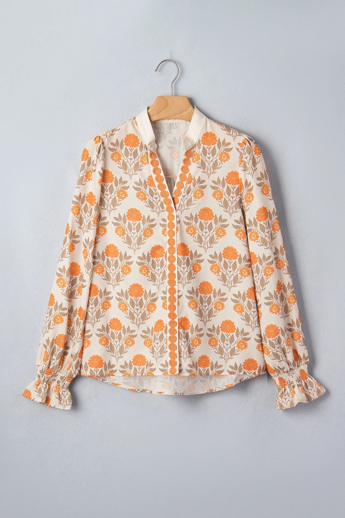 Floral Print Contrast Detail V Neck Long Sleeve Blouse – Orange