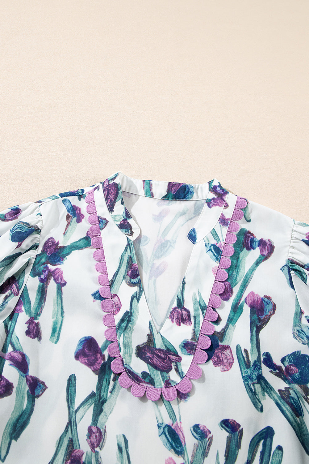 Purple Floral Ricrac Trim Half Sleeve Peplum Top eAura