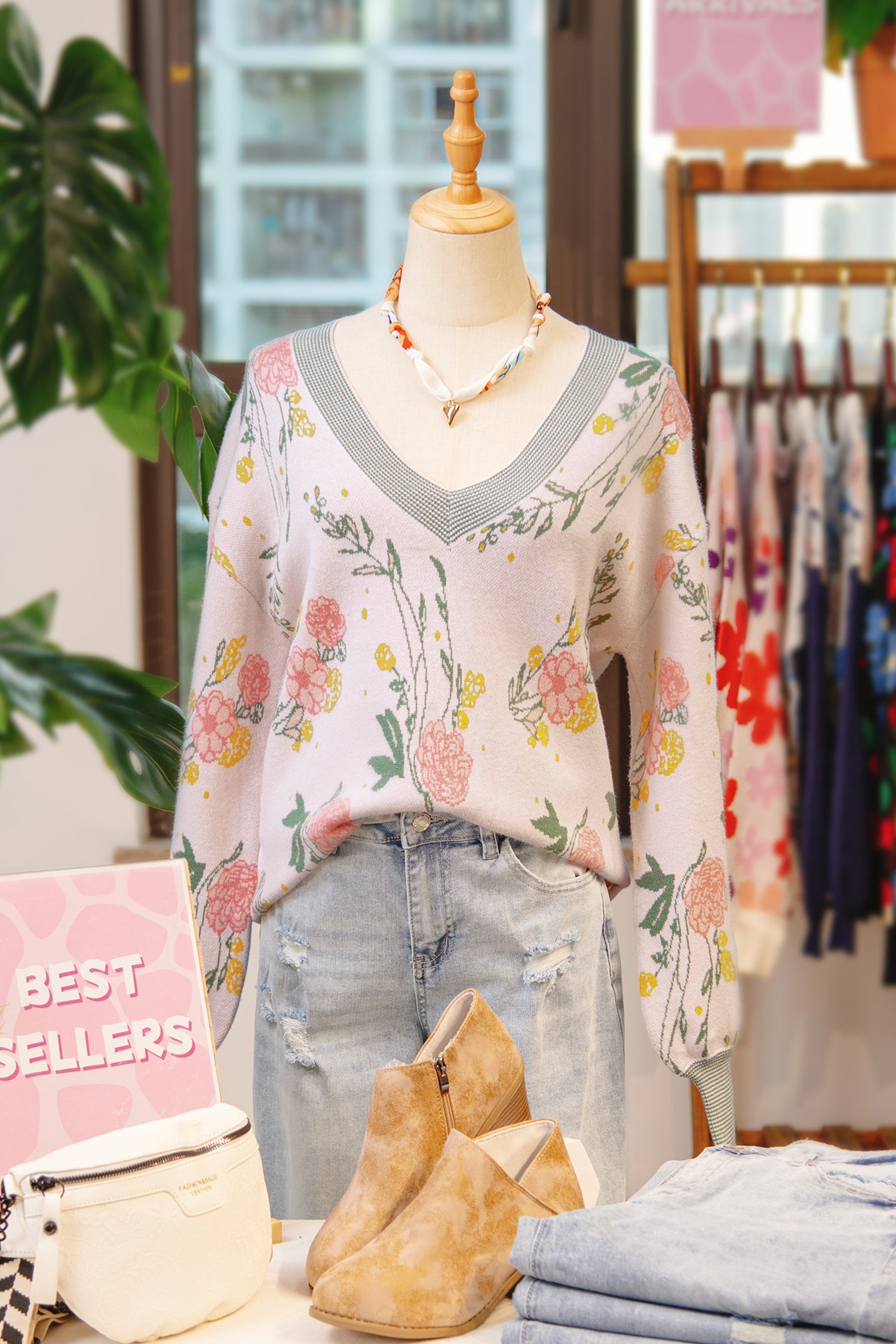 Floral Pattern Striped V-Neck Loose Sweater - eAura