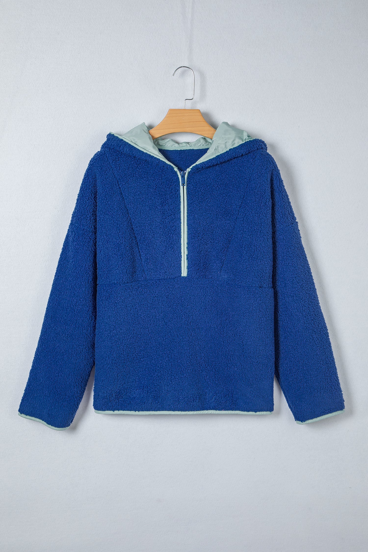 Blue Sherpa Half Zip Contrast Trim Pullover Hoodie - eAura