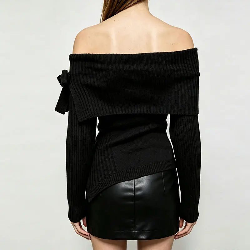 Black bow-detail sweater, back view