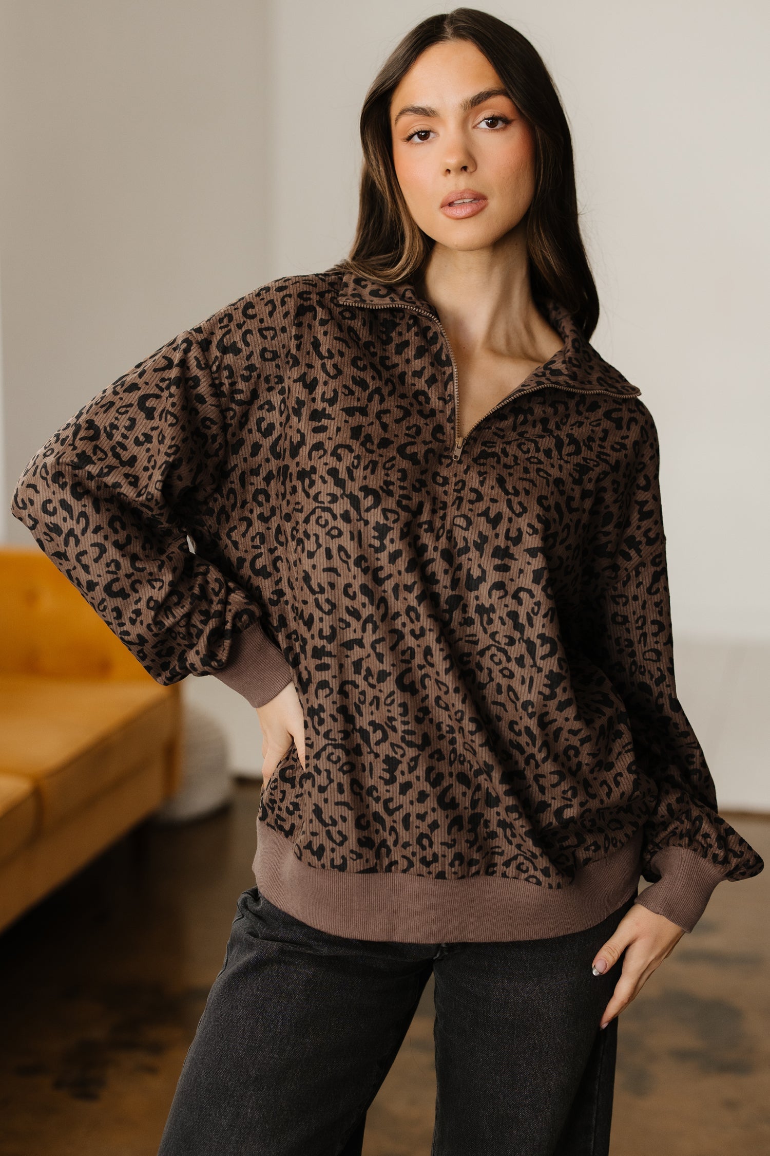 Leopard Print Quarter Zip Soft Corduroy Sweatshirt - Tops/Sweatshirts & Hoodies