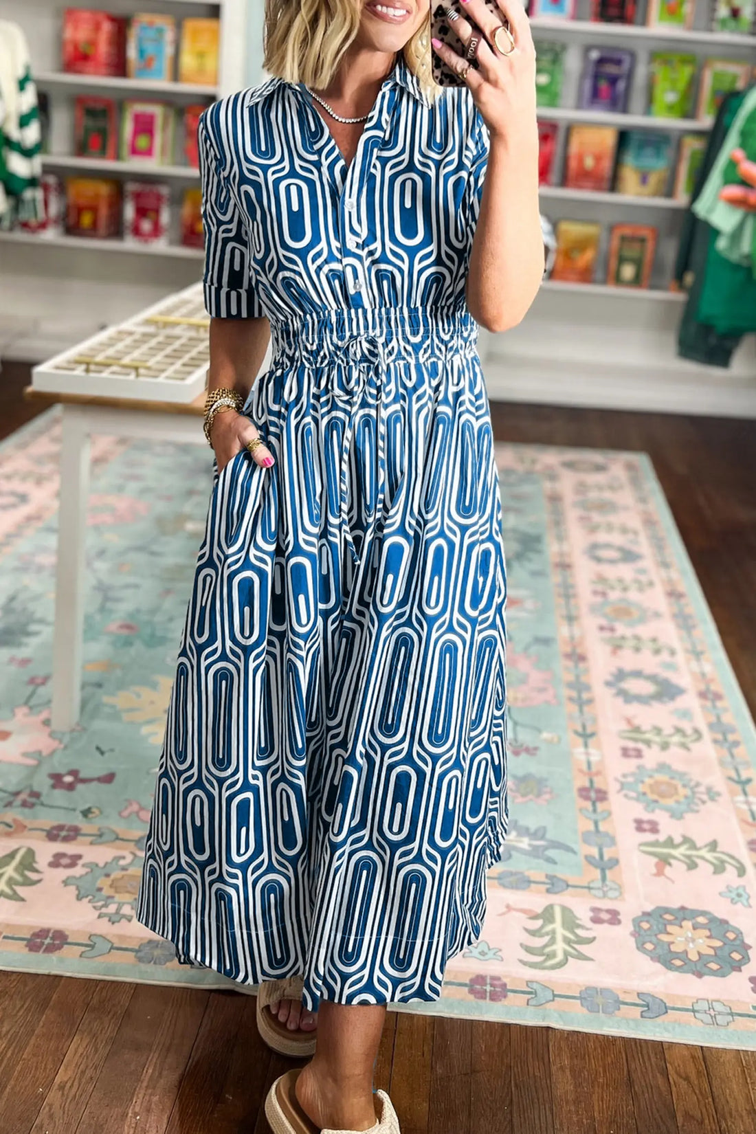 Geometric Print Short Sleeve Drawstring Shirt Collar Dress – Blue
