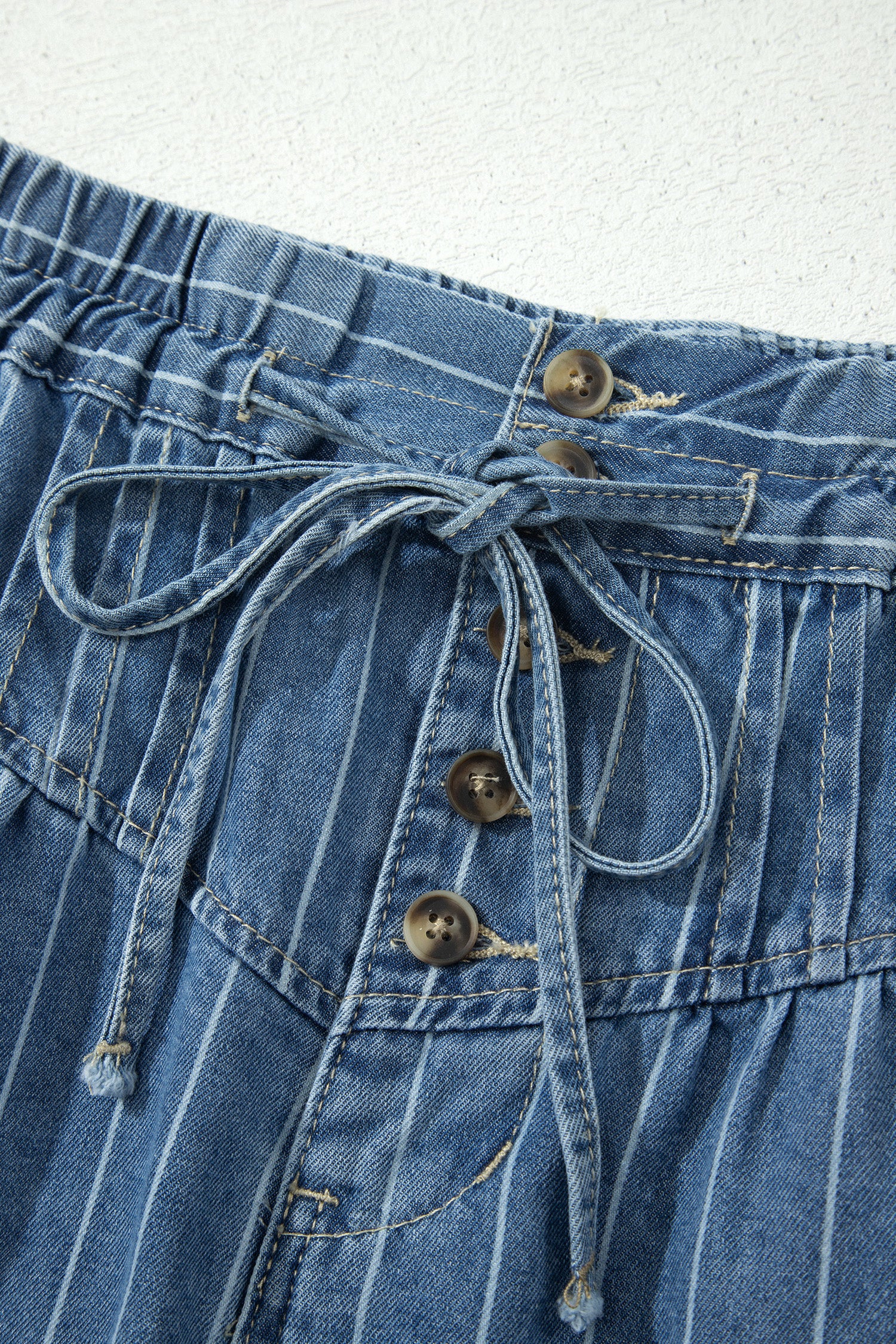 Sky Blue Stripe Pintuck High Waist Drawstring Denim Midi Skirt