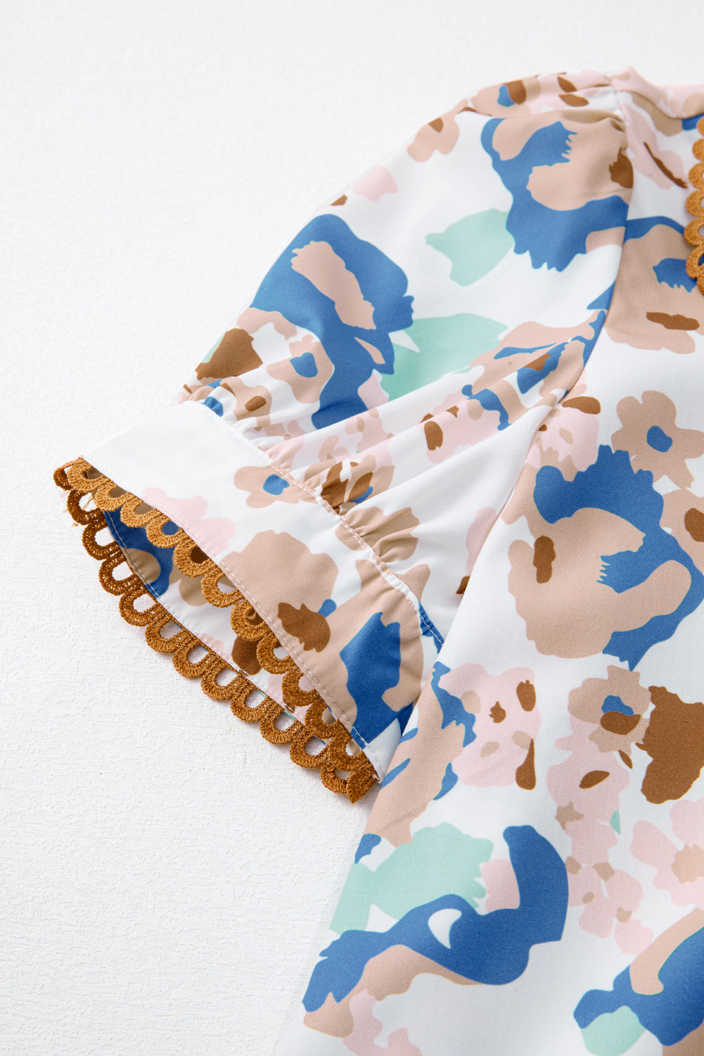 Multicolour Floral Print Ricrac Trim Collared Puff Short Sleeve Shirt eAura