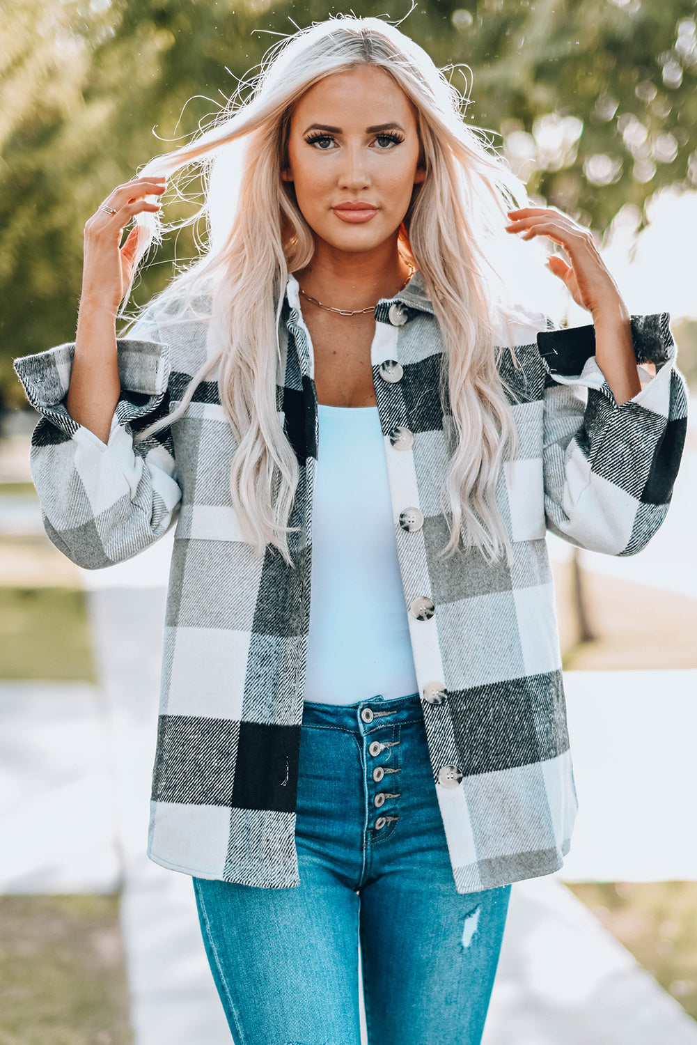 Khaki Plaid Colour Block Buttoned Long Sleeve Jacket with Pocket Beagle Boutique Fashion Outlet