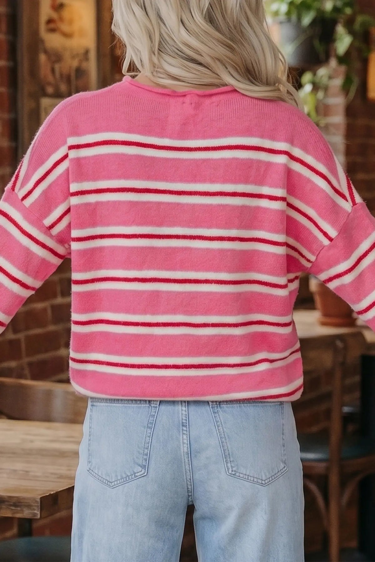 Striped Drop Shoulder Button Cardigan – Blue Stripe