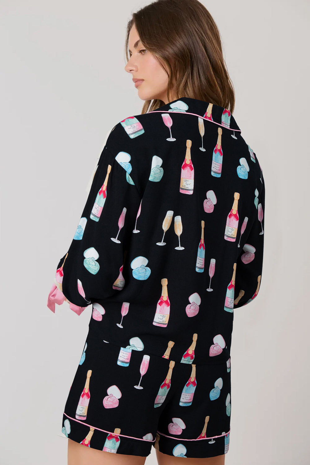 Christmas Wine Glass Print Bow Knot Two Piece Pajama Set – Color Black