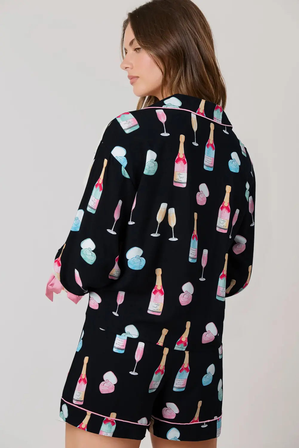 Christmas Wine Glass Print Bow Knot Two Piece Pyjama Set – Colour Black
