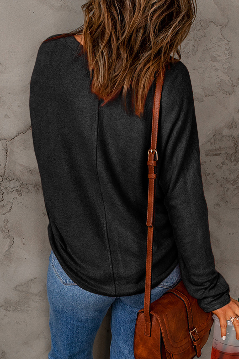 Black Solid Colour Patchwork Long Sleeve Top eAura