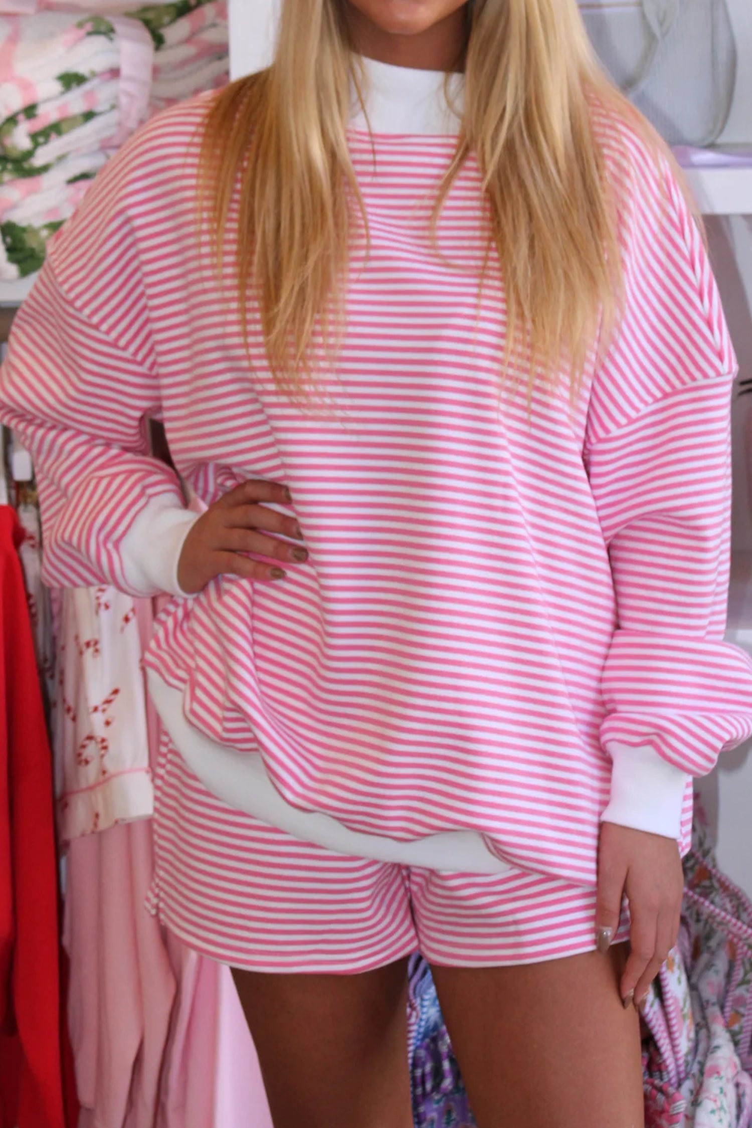 Stripe Oversize Mock Neck Sweatshirt and Shorts Set