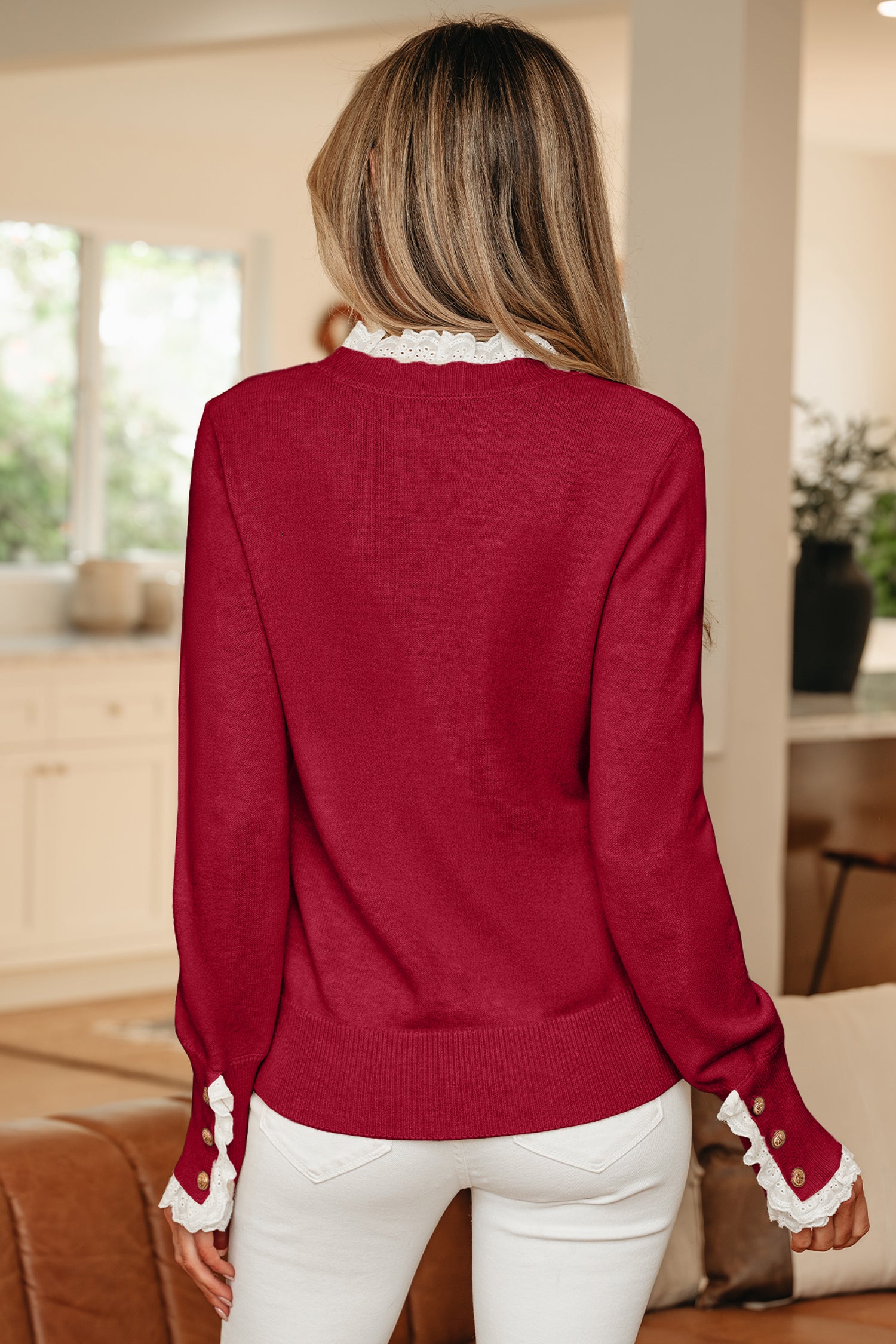 Lace Trim Sweater Patchwork Buttoned Cuffs Loose Sweater