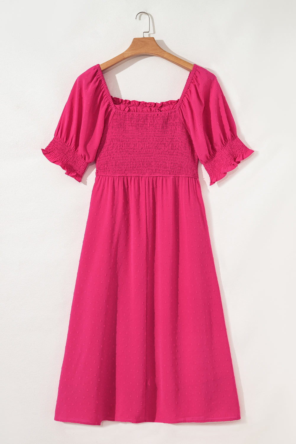 Pink Swiss Dot Smocked Ruflled Neckline Short Sleeve Plus Size Dress BB Fashion Outlet