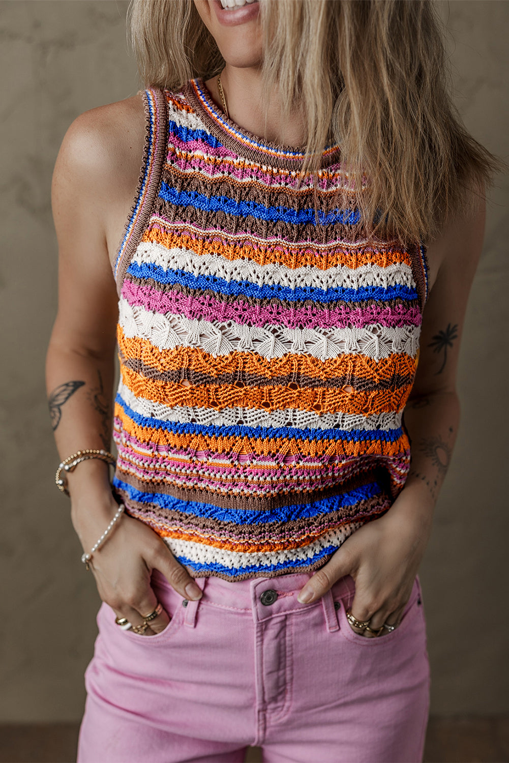 Dark Blue Striped Textured Knit Crew Neck Sweater Vest eAura