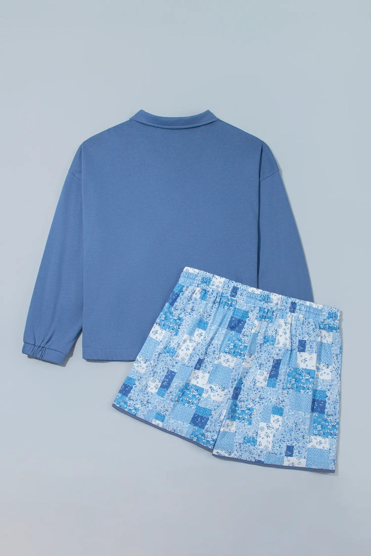 Floral Patchwork V-Neck Long Sleeve Short Bottoms Plus Size Set – Blue