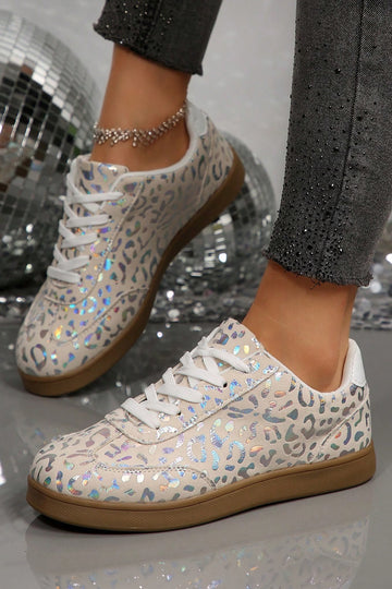 Leopard Print Lace-Up Trainers – White
