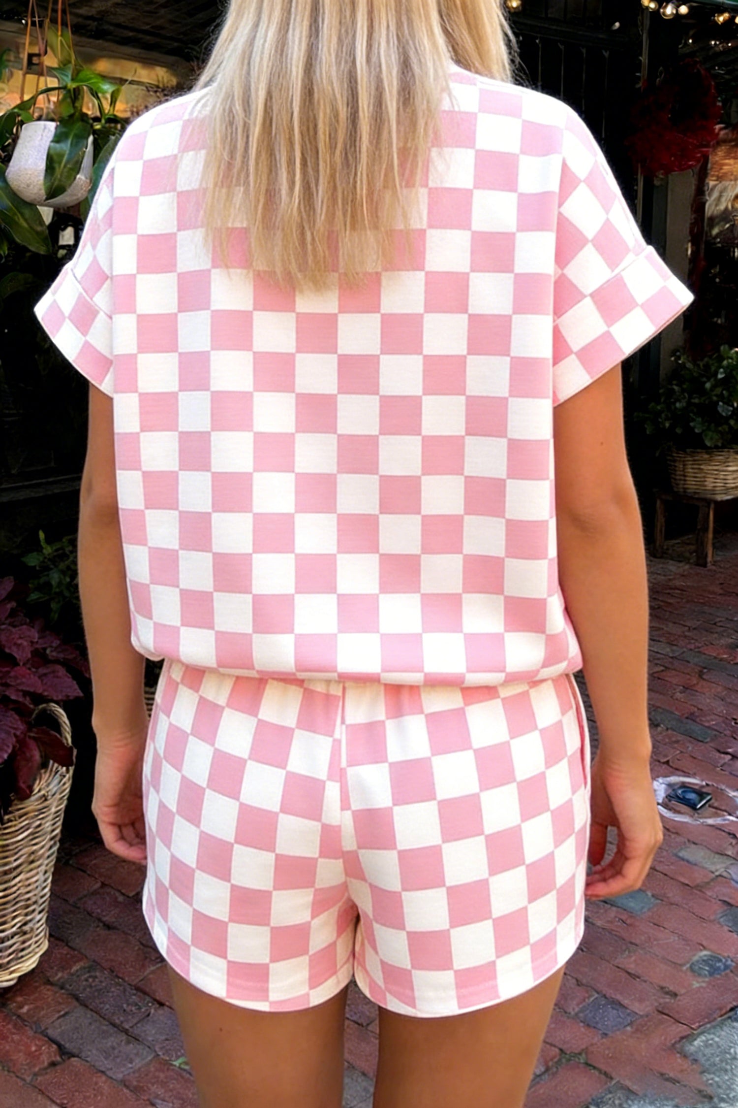 Checkered Print Color Block Trim Mock Neck Short Set – Black