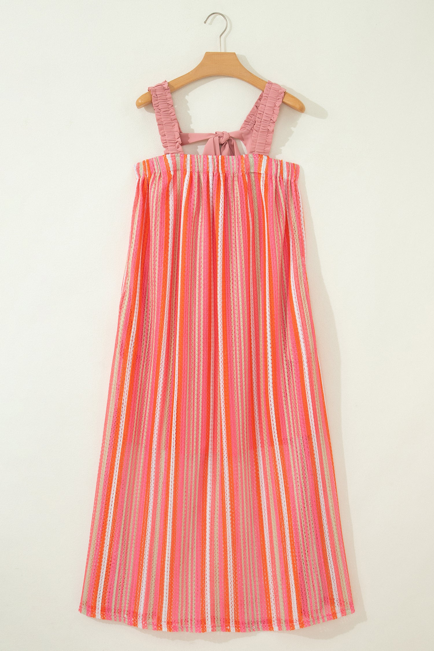 Stripe Ruffled Straps Ribbon Knot Flowy Holiday Maxi Dress