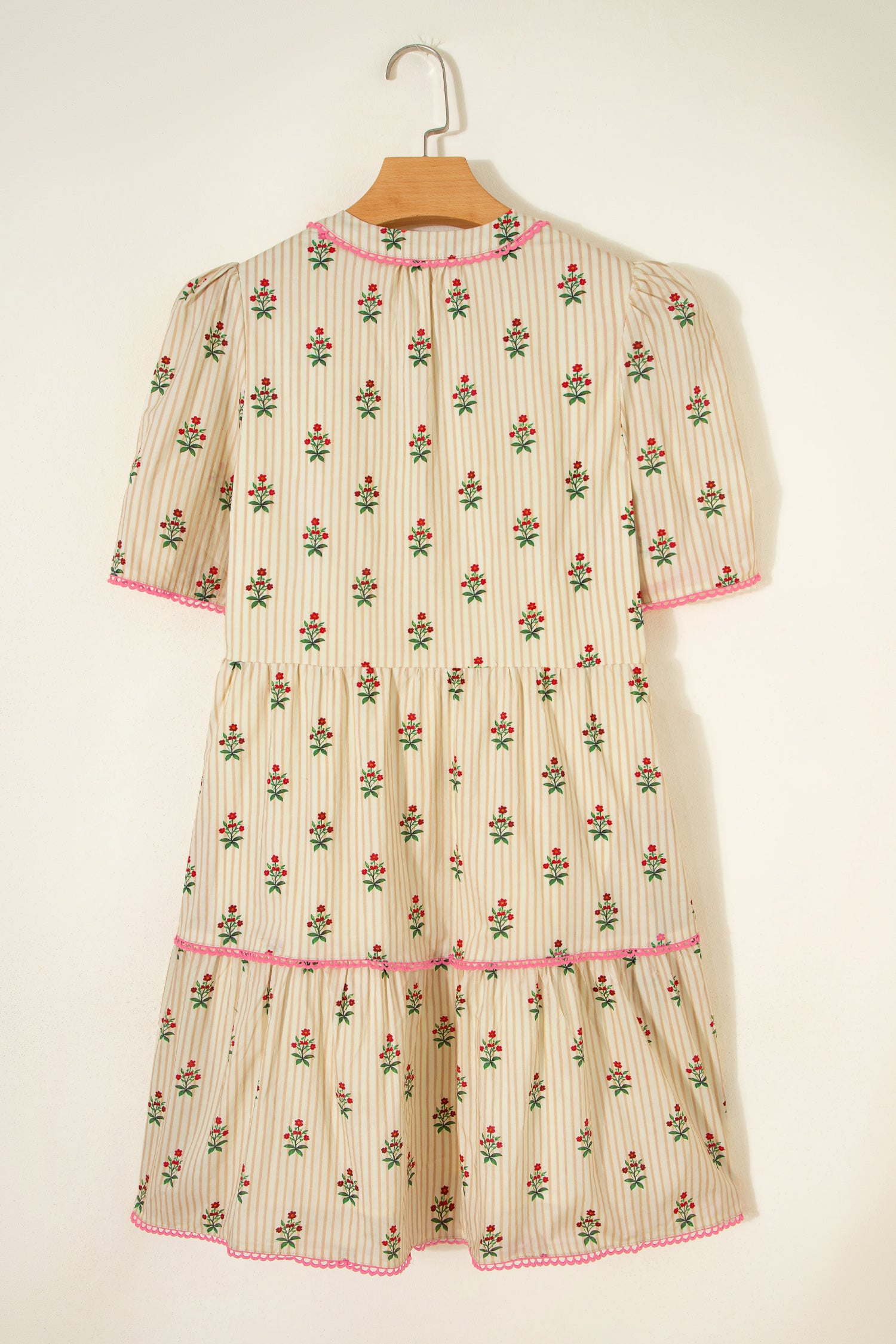 Striped Floral Print Contrast Detail Ruffle Hem Short Dress