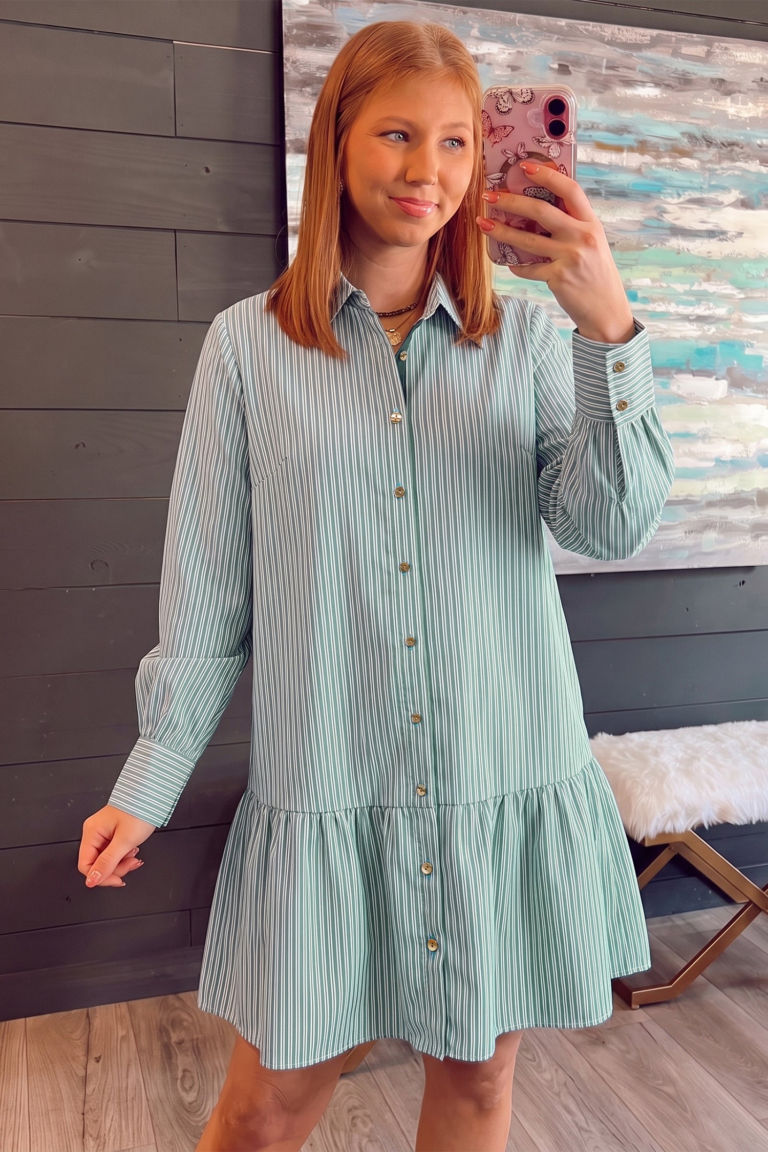Striped Shift Long Sleeve Dress – Green Stripe