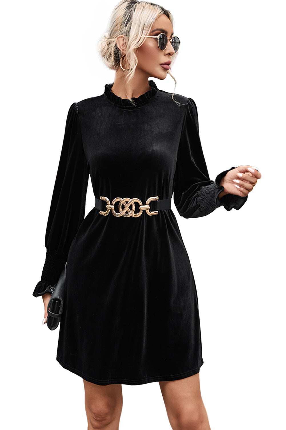 Black Velvet Frill Neck Long Sleeve Shift Dress - eAura