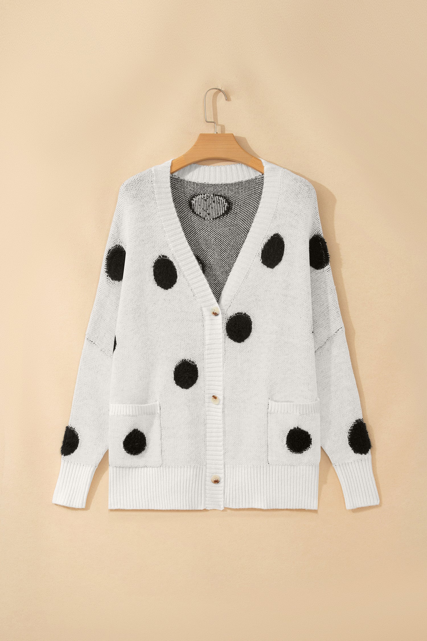 Polka Dot Button Front Oversized V Neck Cardigan – Beige