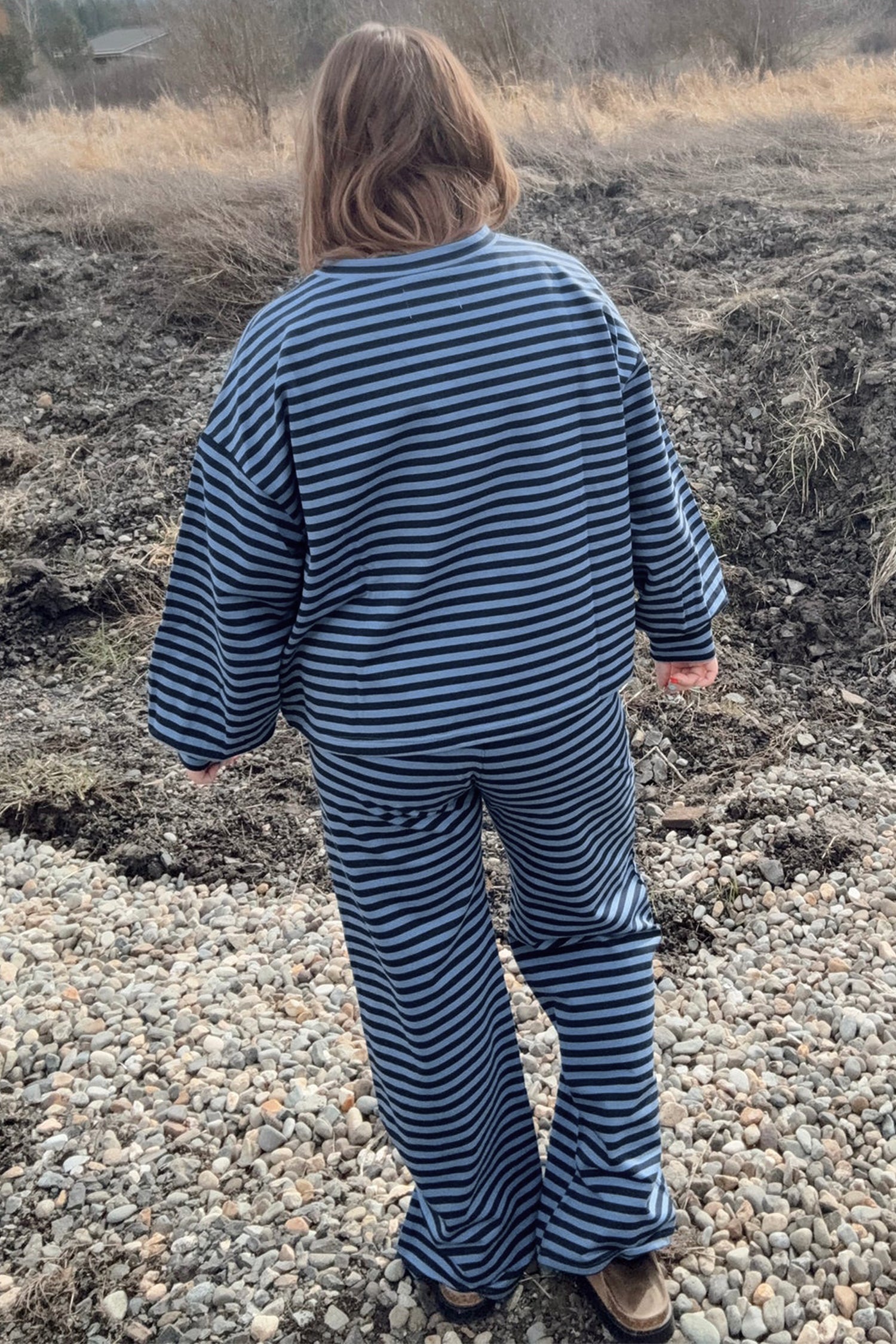 Long Sleeve Drawstring Waist Plus Size Lounge Pants Set – Blue Stripe