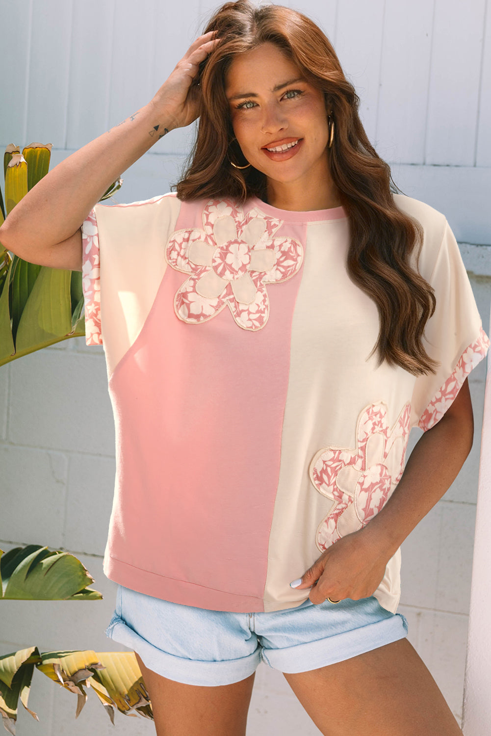 Colour Block Flower Patched Loose T-Shirt