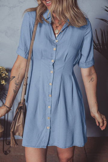 Myosotis Denim Pleated Slim Waist Short Sleeve Shirt Dress eAura