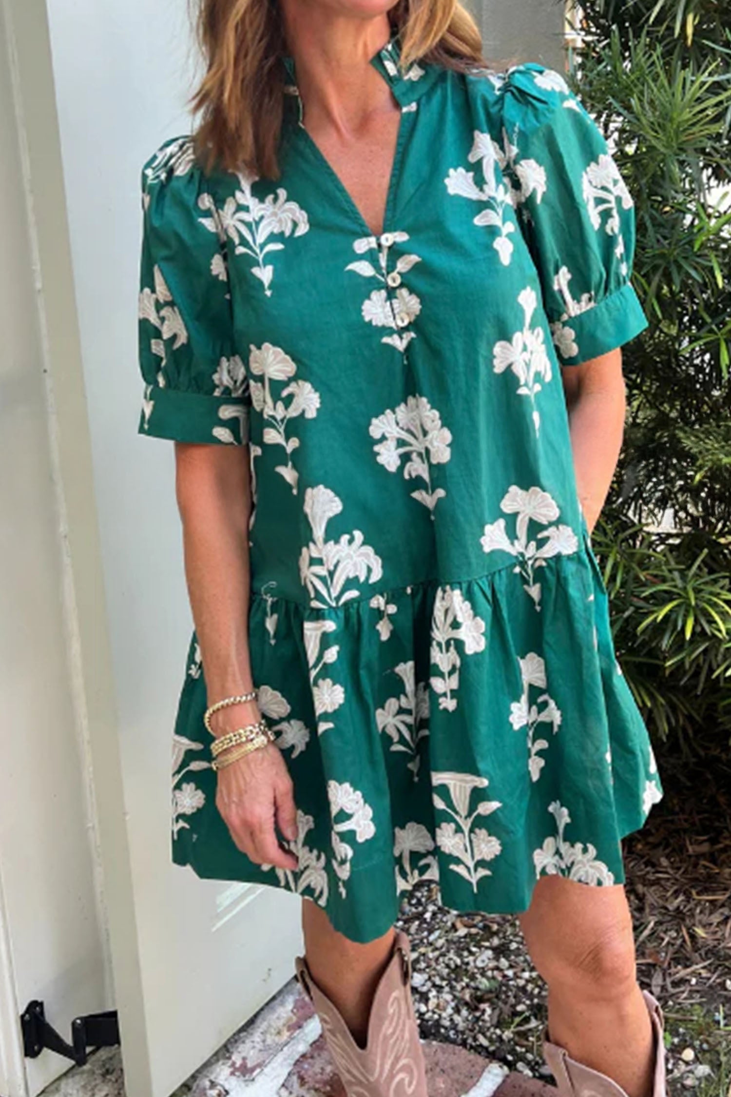 Floral Frill V-Neck Puff Sleeve Drop Waist Mini Dress