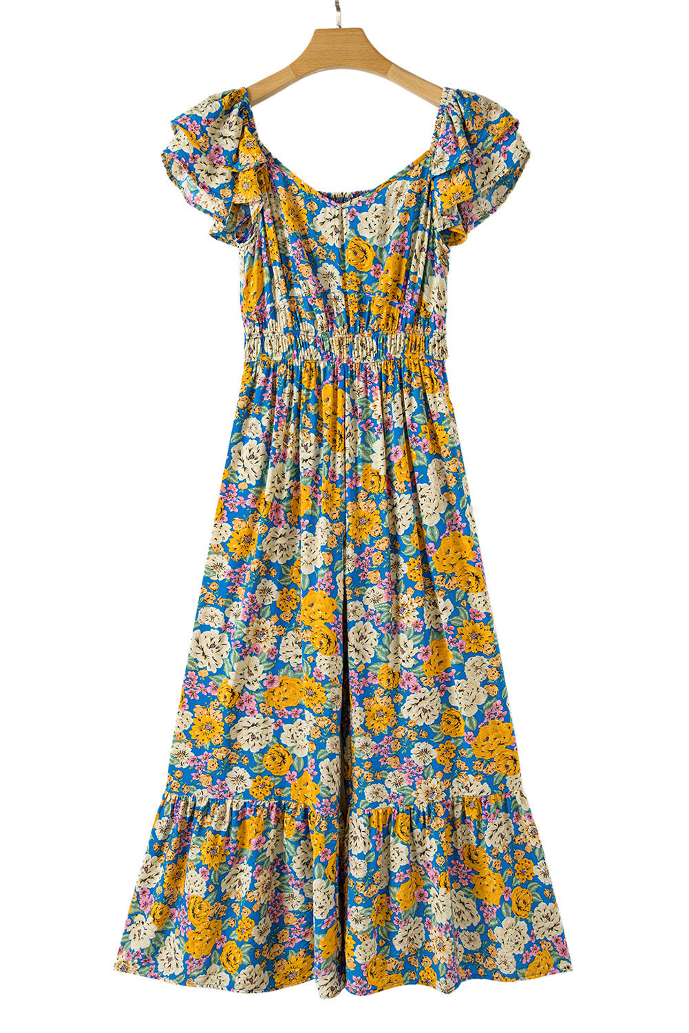 Yellow Floral Allover Print Shirred Cut Out High Waist Jumpsuit eAura