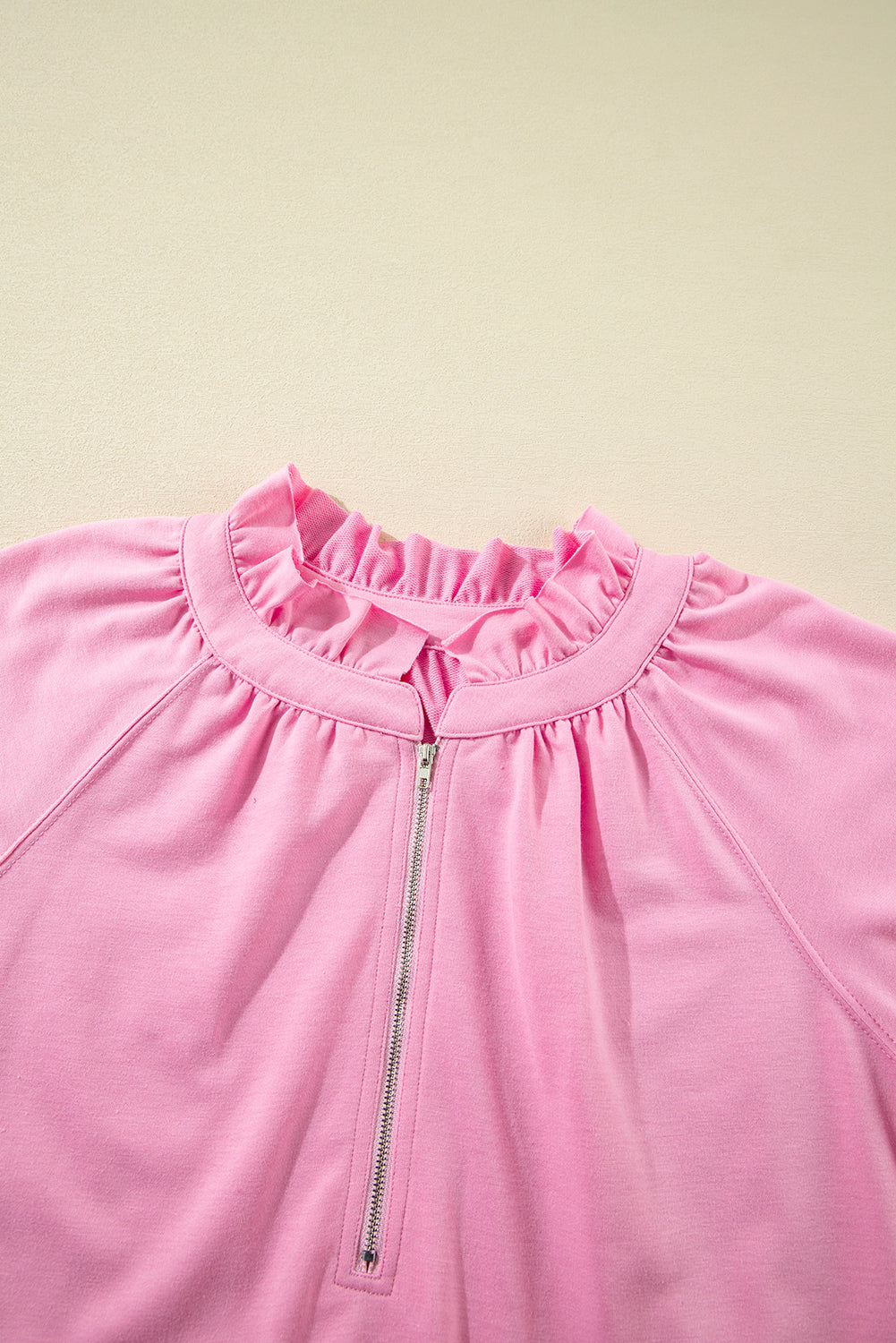 Pink Half Zip Puff Sleeve Top and Ruffled Shorts Set eAura