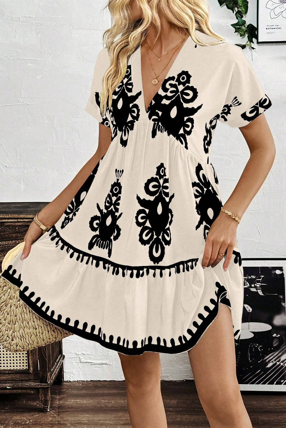 Black Vintage Print V Neck High Waist Short Sleeve Dress eAura
