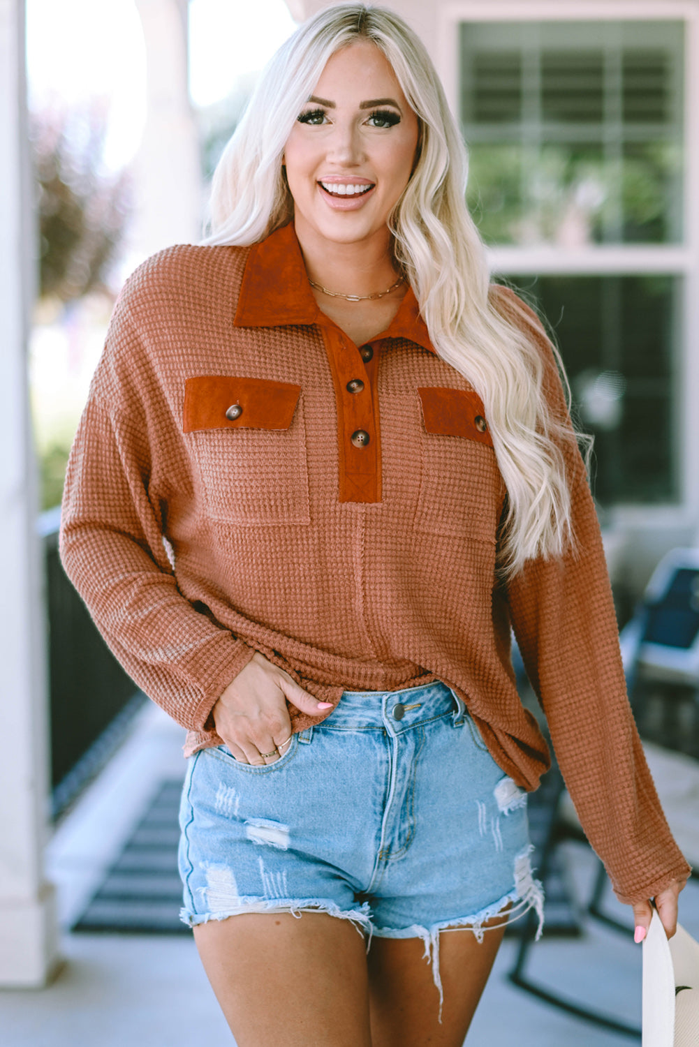 Brown Waffle Knit Button Contrast Trim Long Sleeve Top eAura