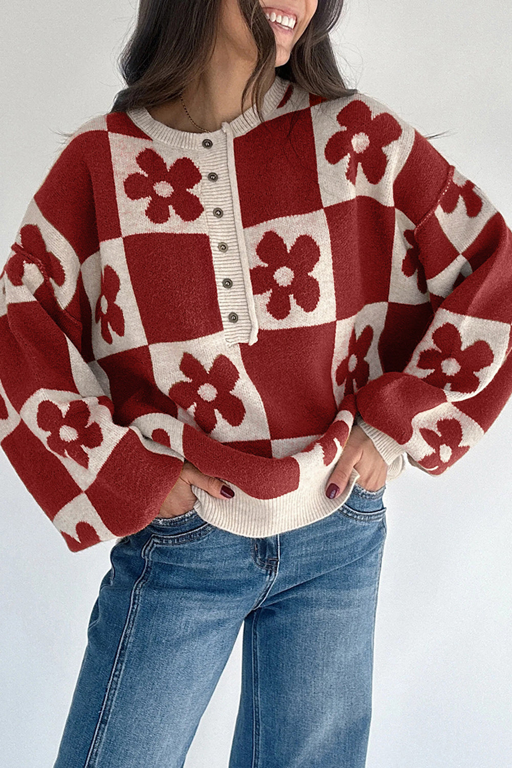 Red Dahlia Flower Colorblock Checkered Henley Sweater - eAura
