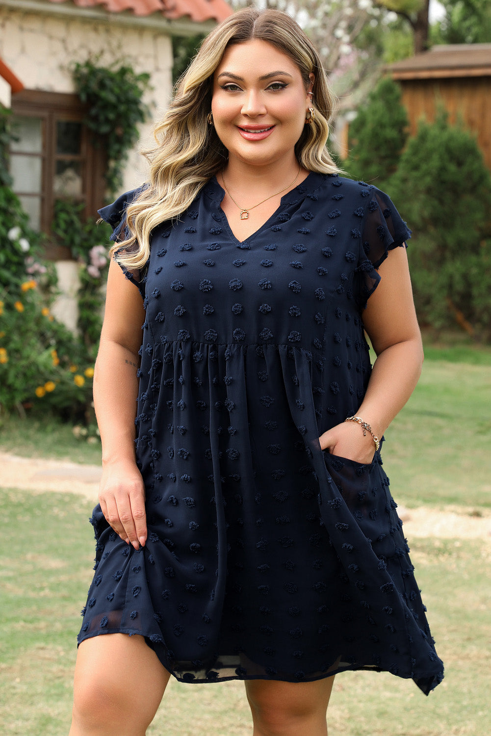 Navy Blue Dotty Textured Notched Neck Plus Ruffled Dress BB Fashion Outlet