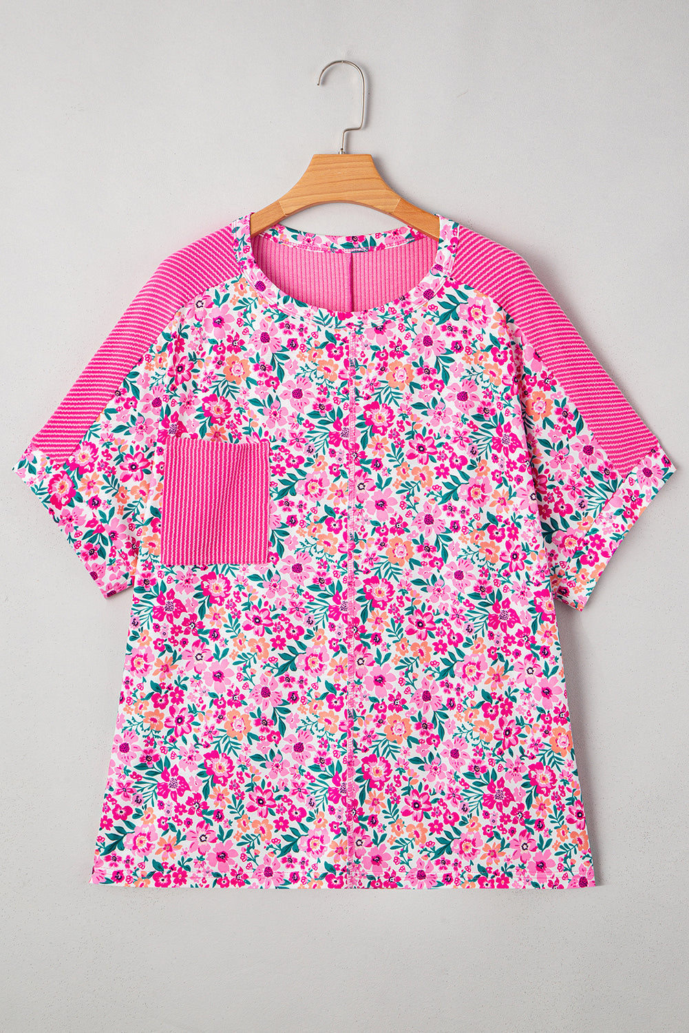 Pink Plus Size Floral Print Ribbed Patchwork Loose Top BB Fashion Outlet